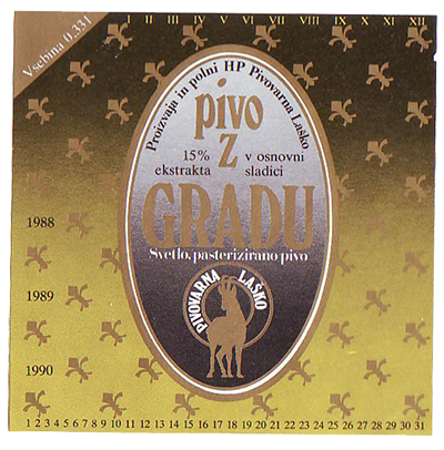 PIVO IZ GRADU, 1989, posebna polnitev,Laški golding, prodajali se je samo na gradu.