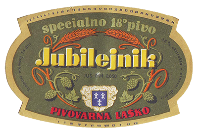 JUBILEJNIK 18 % TEMNO PIVO, izdano leta 1958 (do 1965) ob 20. letnici podšmihelske pivovarne.