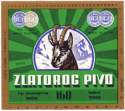 ZLATOROG PIVO, 1985, svetlo pivo s stopnjo alkohola okoli 4,5 %.